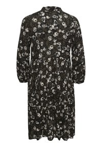 Robe midi noire à manches longues avec motif floral blanc, taille froncée et jupe ample et fluide vue de dos.