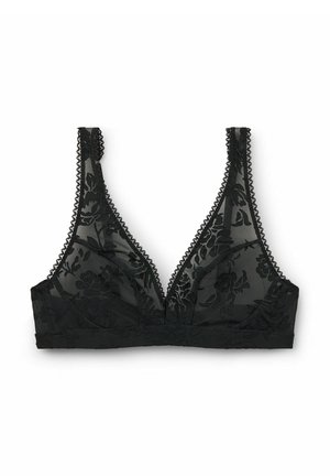Zwarte kant bralette met bloemenpatroon, driehoekige cups, dunne bandjes en delicate rand. Doorzichtige overlay en gestructureerde stof overal.