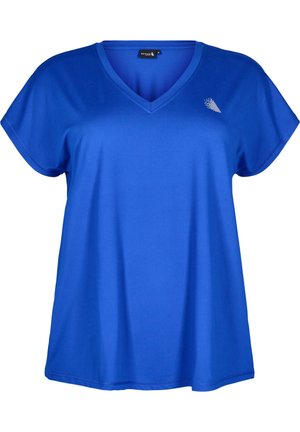 Niebieska sportowa damska koszulka z krótkim rękawem, dekoltem w serek i małym białym logo na lewej piersi.