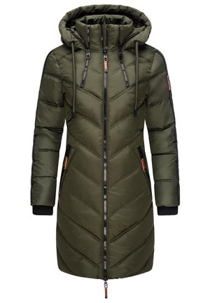 Olivenfarbene gefütterte Jacke mit Chevron-Muster, hohem Kragen und Kordelzugkapuze. Verfügt über einen durchgehenden Reißverschluss sowie Taschen mit Reißverschlüssen an den Seiten. Schwarze Akzente.