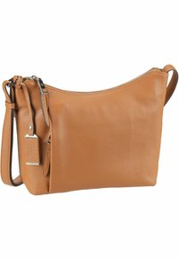 Braune Crossbody-Tasche aus Leder mit geschwungenem Design, Reißverschluss, verstellbarem Trageriemen und subtiler strukturierter Oberfläche. Logo auf der Seite geprägt.