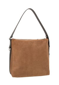 Bolso de ante marrón con correa de cuero gris, forma rectangular, cierre de cremallera y diseño minimalista sin adornos adicionales.