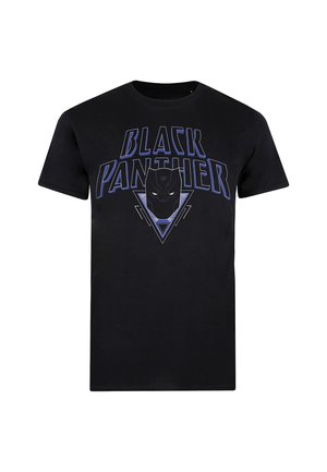 Black cotton short-sleeve t-shirt featuring "BLACK PANTHER" in large blue letters and a stylized black panther mask design in the center.