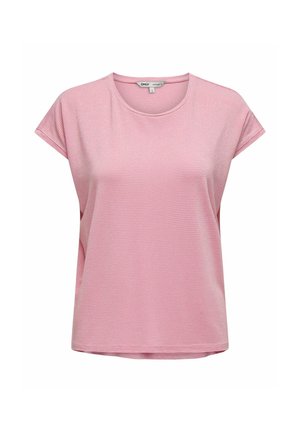 T-shirt à manches courtes rayé rose avec un col rond. Fabriqué à partir d'un tissu doux, présentant une coupe décontractée et une texture lisse.
