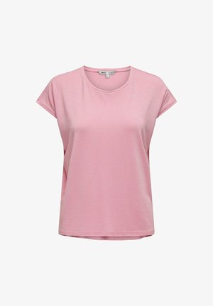 T-shirt à manches courtes rayé rose avec un col rond. Fabriqué à partir d'un tissu doux, présentant une coupe décontractée et une texture lisse.