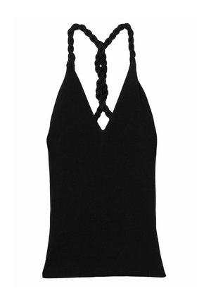 Black ribbed tank top with a deep V-neck and braided straps forming a crisscross pattern at the back. Smooth texture and fitted design.