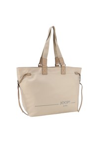 Borsa a tracolla beige con manici superiori doppi e tracolla regolabile. Realizzata in materiale liscio, presenta stampe del logo e un design minimalista.
