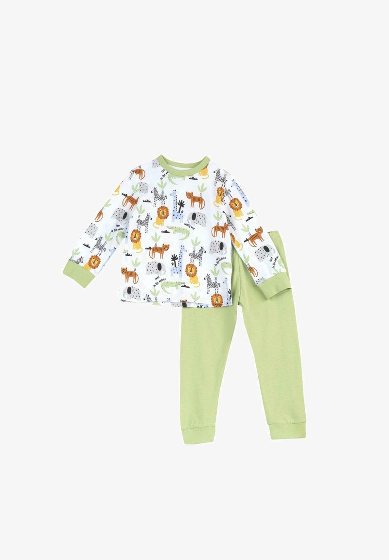 Zweiteiliges Kinderpyjama mit einem weißen Oberteil, das mit bunten Tiermotiven bedruckt ist, und grünen Hosen. Aus weichem Baumwollmaterial mit gerippten Bündchen.