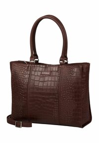 Sac à main en cuir embossé crocodile marron avec des poignées doubles et une bandoulière amovible. Il présente une texture lisse et un logo de marque.