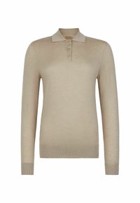 Beige långärmad polo tröja i mjukt tyg; har en knäppt placket och kontrasterande krage. Enkel och figurnära design.