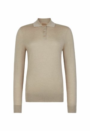 Polo à manches longues beige en tissu doux ; doté d'une patte de boutonnage et d'un col contrastant. Design simple et ajusté.