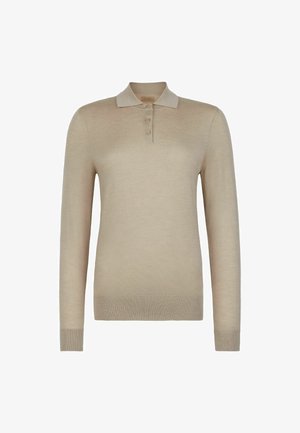 Beige långärmad polo tröja i mjukt tyg; har en knäppt placket och kontrasterande krage. Enkel och figurnära design.