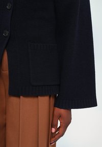 Mörk marinblå stickad cardigan med stora knappar och ficka, bärs över bruna plisserade byxor, som visar en hand med rosa nagellack.