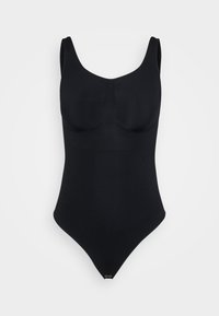 Black seamless bodysuit with wide straps, molded cups, and snap closures at the crotch, displayed against a white background.