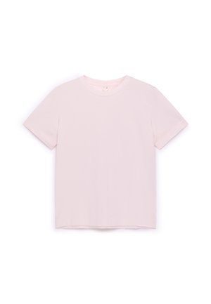 Lyserød bomuld t-shirt med korte ærmer, en glat tekstur, rund halsudskæring og en afslappet pasform. Ingen synlige mønstre eller accenter.