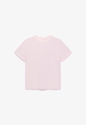 Lyserød bomuld t-shirt med korte ærmer, en glat tekstur, rund halsudskæring og en afslappet pasform. Ingen synlige mønstre eller accenter.
