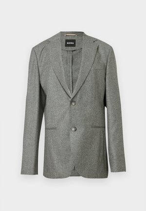 Grijze gestructureerde blazer met een notch lapel, twee voorzakken en twee knopen. Merkenlabel "BOSS" zichtbaar aan de binnenkant. Perfecte pasvorm.