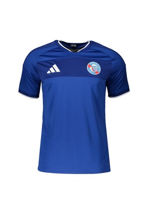 Royalblaues Fußballtrikot mit kurzen Ärmeln, weißem Adidas-Logo und Racing Club Strasbourg Alsace-Wappen auf der Brust.