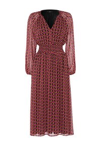 Robe à manches longues et col en V en tissu transparent, ornée d'un motif géométrique rose et violet, taille smockée et conception fluide.