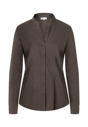 Dark brown long-sleeve button-up blouse with a band collar and fitted waist seams, displayed on a white background.