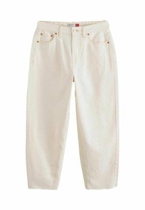 Hellbeige Jeans mit geradem Bein, Vordertaschen, Gürtelschlaufen und Knopfverschluss auf weißem Hintergrund.