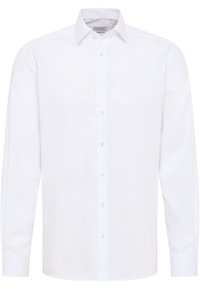 Camicia bianca, maniche lunghe, chiusura con bottoni frontale, colletto classico, in cotone liscio, con una leggera texture e bottoni trasparenti.