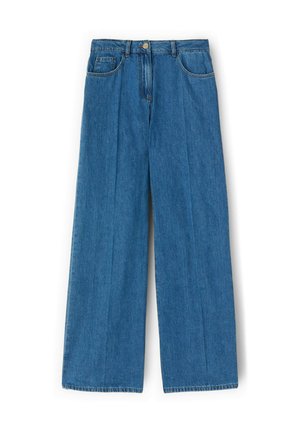 Wijde denim jeans in een middelblauwe kleur, met een hoge taille, twee voorzakken en een knoopsluiting. Gemaakt van stevige denim stof.