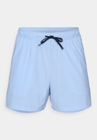 Lyseblå badebukser lavet af letvægtsstof, med en elastisk talje og en sort snor samt sidelommer.