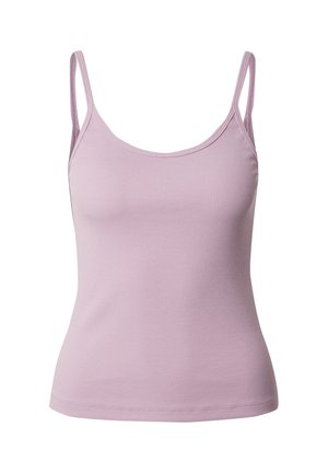 Lila geribbelde tanktop met dunne bandjes, ronde hals en een aansluitende pasvorm. Heeft een soepele textuur en een rechte zoom.