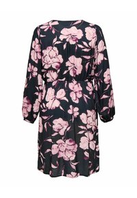 Crna haljina s dugim rukavima koja ima ružičasti cvjetni uzorak i elastičnu gumicu u struku, prikazana s leđa.