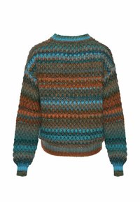 Kootud kampsun ümmarguse kaelusega, millel on mitmevärviline muster, kus on roheline-sinine, pruun ja oranž. Tekstuuriga soonilised varrukapikendused ja ääred.