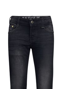 Jeans in denim nero con una vestibilità slim, caratterizzati da una vita a media altezza, chiusura con bottone in metallo e due tasche frontali con cuciture gialle a contrasto.