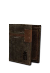 Portefeuille en cuir marron foncé avec des accents marron clair. Comprend des emplacements pour cartes, une finition texturée, des bords cousus et un design de logo.
