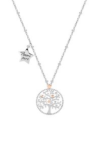 Collana d'argento con pendente a forma di albero della vita, accentuato da una stella in oro rosa e piccoli cuori incisi. Il ciondolo riporta la scritta "Amore puro."