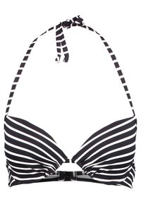 Top bikini a righe bianche e nere con allacciatura al collo e chiusura con gancio; presenta coppe imbottite e spalline regolabili per una vestibilità ottimale.