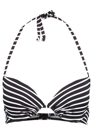 Haut de bikini à rayures noires et blanches avec un lien derrière le cou et un fermoir; il présente des bonnets rembourrés et des bretelles ajustables pour un ajustement parfait.