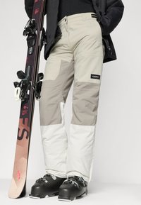 Ski pants in light gray and white, featuring a patchwork design. Material is water-resistant. Worn with black ski boots and a ski.
