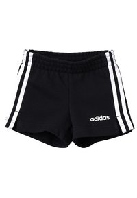 Mustat urheilushortsit pehmeästä kankaasta, jossa on joustava vyötärö, valkoiset sivuraidat ja pieni valkoinen Adidas-logo.
