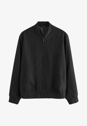 Sort bomberjakke med en ensartet tekstur, lynlås foran, ribbet krave og manchetter, samt sidelommer. Minimalistisk design uden mønstre.