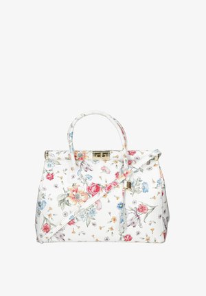 Bolso floral con exterior texturizado blanco, herrajes dorados, dos asas y una correa de hombro removible con coloridos patrones de flores.