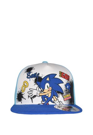 Cappellino bianco e blu con Sonic the Hedgehog in corsa, anelli dorati, schizzi di vernice nera e testi "Let's Go!" e "Sonic The Hedgehog."