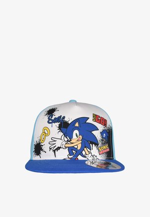 Cappellino bianco e blu con Sonic the Hedgehog in corsa, anelli dorati, schizzi di vernice nera e testi "Let's Go!" e "Sonic The Hedgehog."