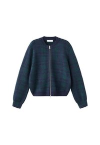 Tekstylna, dziana kurtka z zamkiem z przodu, okrągłym dekoltem i długimi rękawami w ciemnym granacie z zielonym wzorem w kratę.