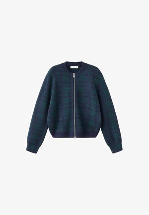 Giacca lavorata a maglia con texture, dotata di cerniera frontale, collo rotondo e maniche lunghe, in un blu scuro con motivo a quadretti verdi.
