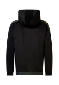 Felpa nera con cappuccio ampio, maniche lunghe e tessuto testurizzato. Presenta accenti a contrasto sulle spalle in un colore più chiaro.