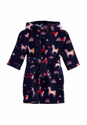 Accappatoio in pile blu navy con cappuccio, caratterizzato da un motivo con unicorni e arcobaleni, maniche lunghe, cintura e due tasche frontali.