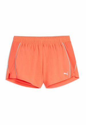 Shorts sportivi corallo con vita elastica, spacchi laterali e dettagli riflettenti blu. Presentano un piccolo logo bianco sull'orlo.