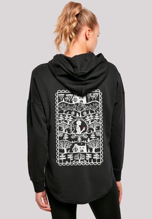 Black hoodie with a large white graphic on the back, featuring intricate patterns of trees, animals, and a figure holding a flower.
