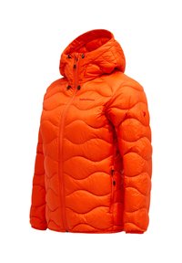 Helle orange Daunenjacke mit einem gesteppten Design, gefütterter Kapuze, Frontreißverschluss und zwei Seitentaschen; leicht und mit einer glatten Textur.