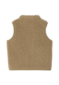Beige Fleece-Weste mit strukturierter, flauschiger Oberfläche. Ärmelloses Design, hoher Kragen und ein durchgehender beiger Saum entlang der Kanten. Rückansicht dargestellt.